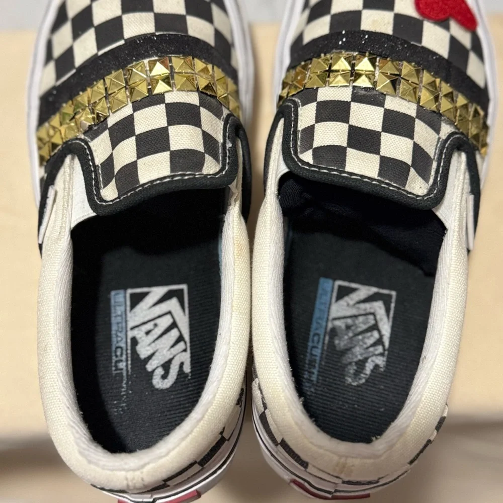 Vans Black and White Checkered Slip-Ons with Red Heart and Gold Studs - Picture 5 of 8